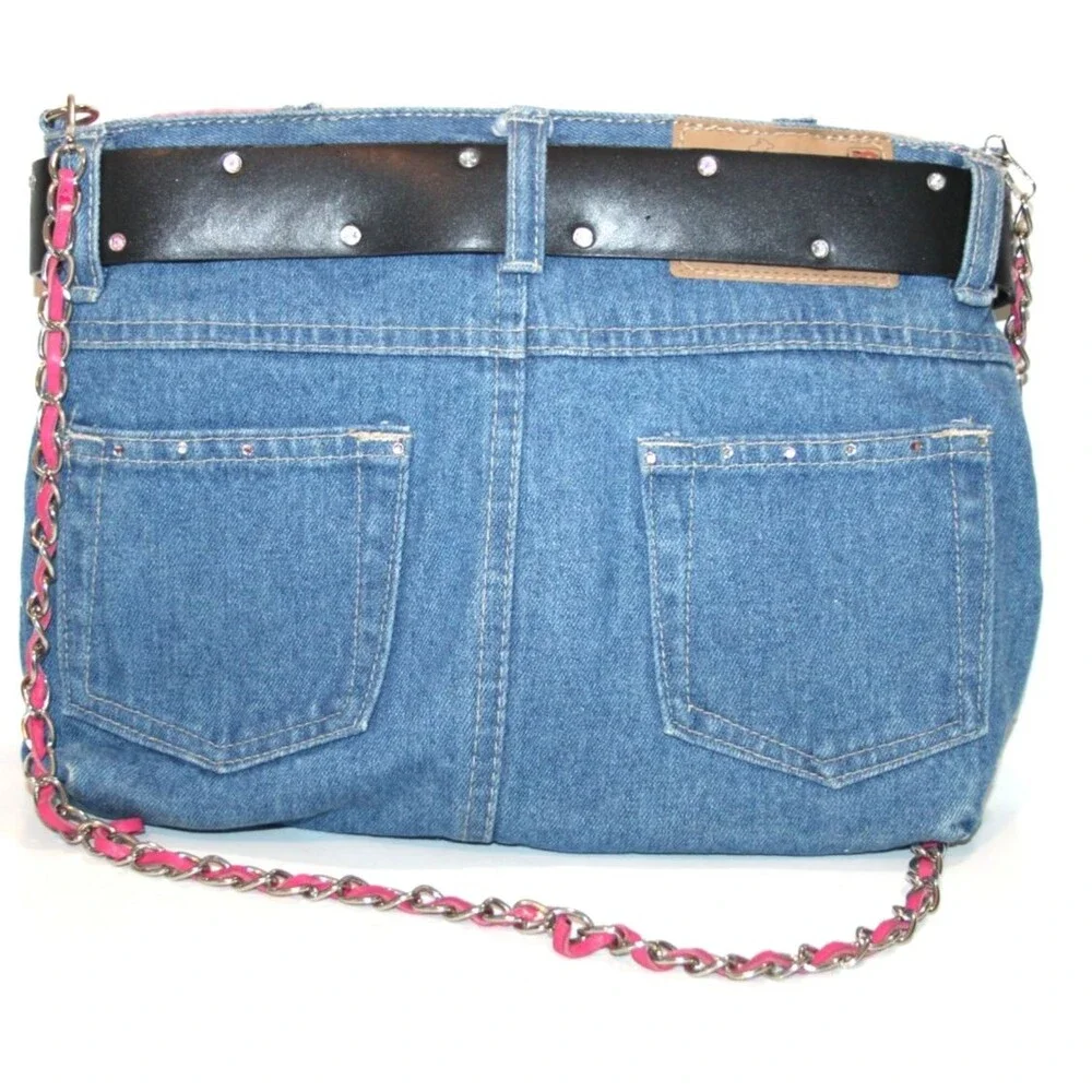 Denim Jean Purse Belt Key Chain Pink Flower Embellished Y2K Shoulder Trendy Bag
